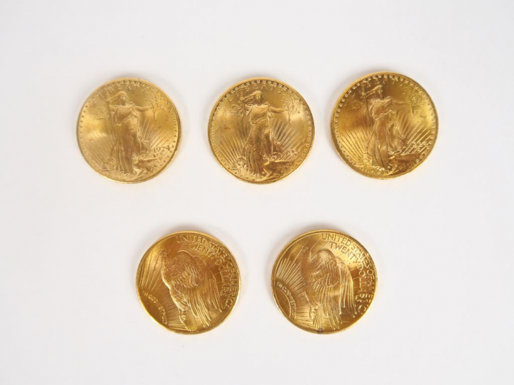 Cinq pièces de 20 Dollars or, 1924.