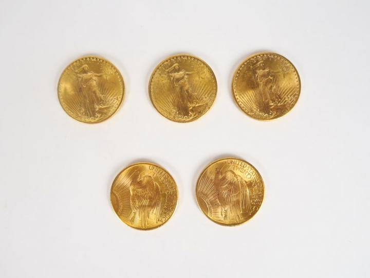 Cinq pièces de 20 Dollars or, 1924.