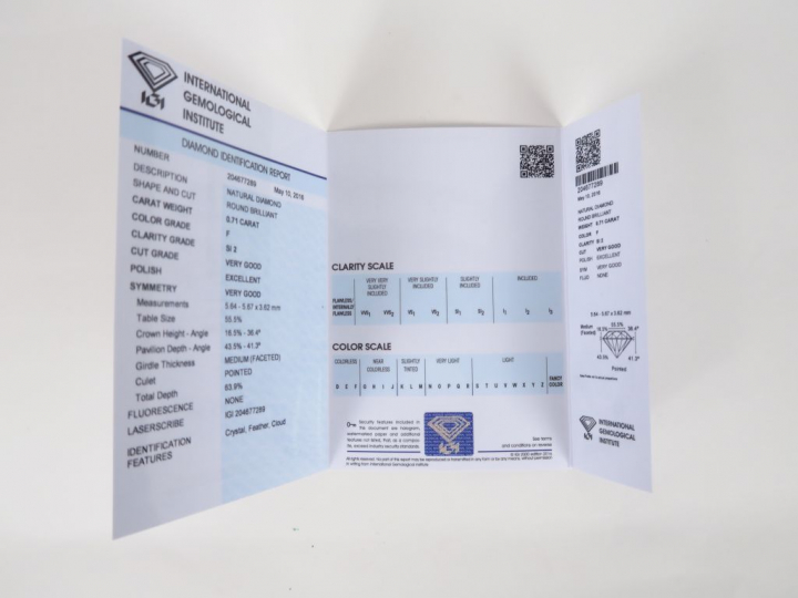 Diamant sur papier de 0,71 cts env. F. SI 2 avec certificat Internatio