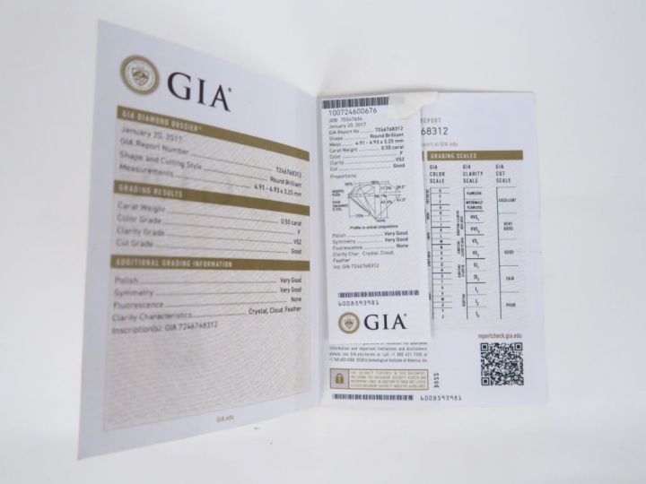 Diamant sur papier de 0,50 cts env. F VS2 avec certificat G.I.A n° 724