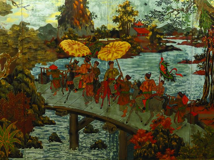 Grand panneau de quatre éléments en bois laqué représentant l'arrivée 