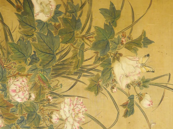 Grande peinture en couleurs sur soie représentant un buisson de pivoin