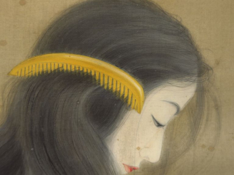 Vente aux enchères FUKUKO Ecole SHIN-HANGA.  "Jeune fille se coiffant".  Peinture sur soi