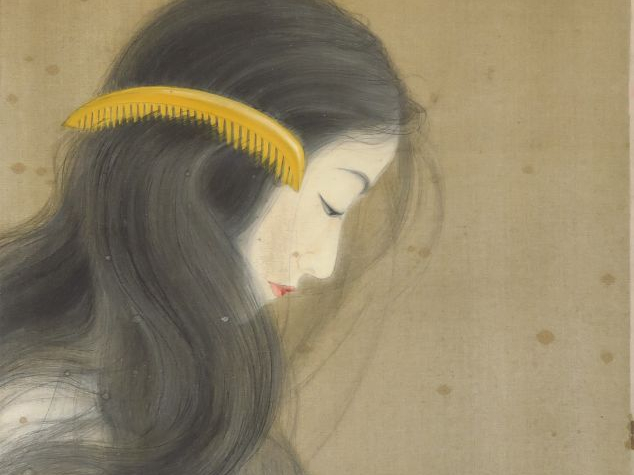 FUKUKO Ecole SHIN-HANGA.  "Jeune fille se coiffant".  Peinture sur soi