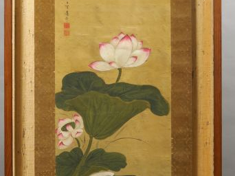 Kakemono peint couleur sur soie représentant un héron blanc se tenant 