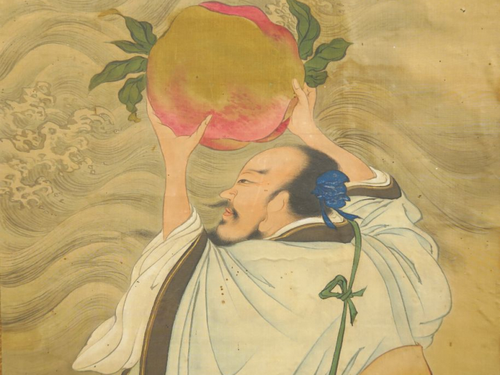 Kakemono à l’encre et couleur sur soie représentant le sennin Tobosaku