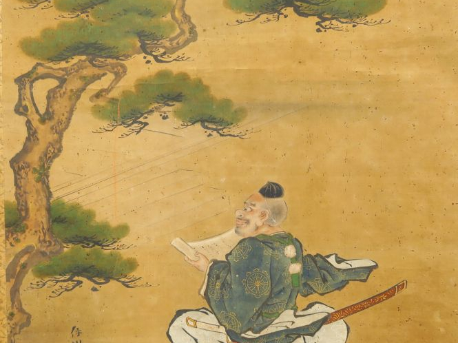 Kakemono à l’encre et couleur sur soie représentant un guerrier accrou