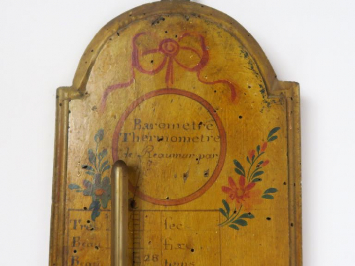 Baromètre fin XVIIIème - début XIX en bois polychrome, à décor de fleu
