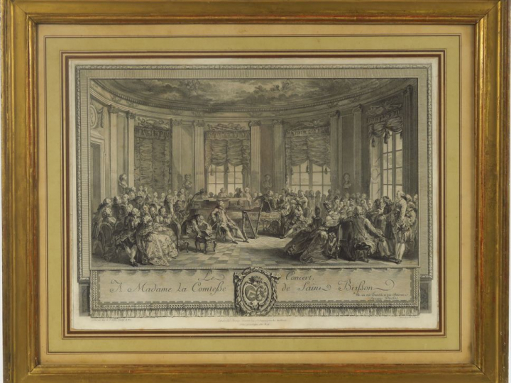 Paire de gravures en noir XVIIIème "Le concert" et "Le bal paré".  Dim