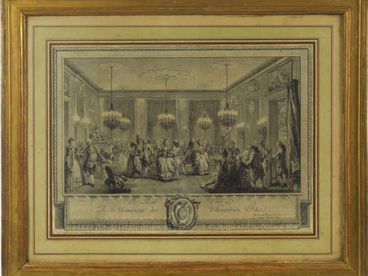 Paire de gravures en noir XVIIIème "Le concert" et "Le bal paré".  Dim