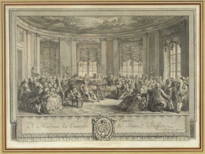 Paire de gravures en noir XVIIIème "Le concert" et "Le bal paré".  Dim