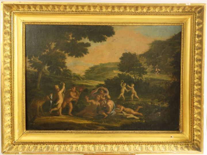 Ecole française XVIIIème. "Amours jouant dans un parc". Huile sur toil