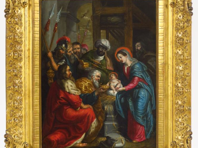 Ecole flamande XVIIIème. "L'adoration des mages". Huile sur cuivre. Di