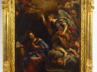 Vente aux enchères Ecole italienne XVIIème. "L'annonciation". Huile sur toile, dans un ca