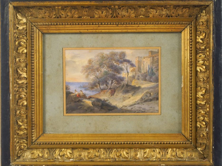 Ecole française XVIIIème. "Paysage animé". Aquarelle. Dim. 9,5 x 14 cm