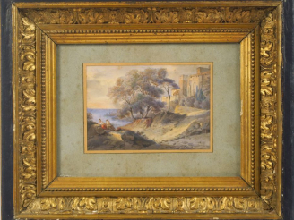 Vente aux enchères Ecole française XVIIIème. "Paysage animé". Aquarelle. Dim. 9,5 x 14 cm