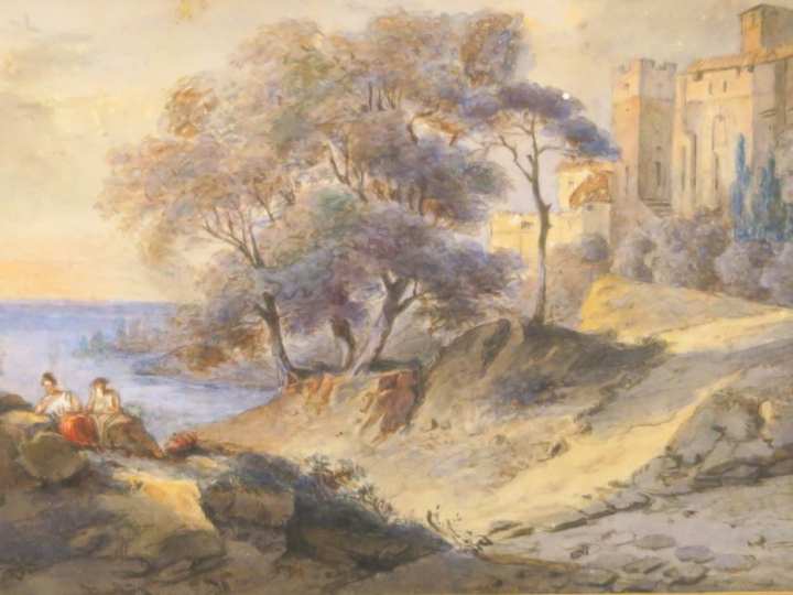 Ecole française XVIIIème. "Paysage animé". Aquarelle. Dim. 9,5 x 14 cm