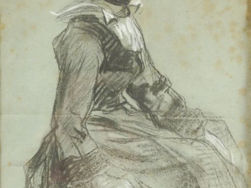 Ecole française XIXème. "Bretonne". Dessin au fusain.  Dim. 41 x 26,5 