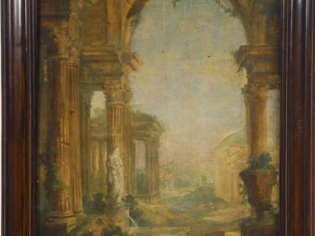 Ecole italienne XIXème. "Ruines antiques". Huile sur toile.  Dim. 51,5