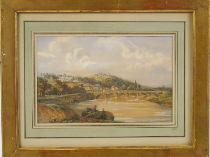 Ecole française XIXème. "Bord de fleuve animé'. Aquarelle, datée 21 ju