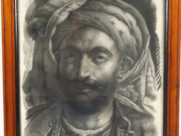 Ecole française fin XIXème. "Portrait d'homme au turban". Dessin au cr