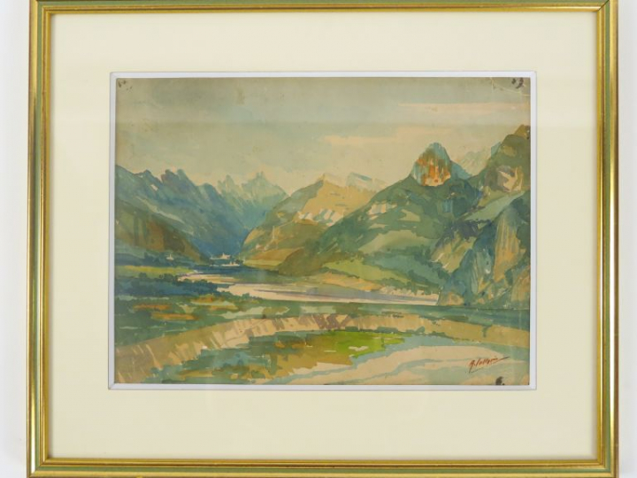 Ecole italienne Xxème. "Les Dolomites". Aquarelle, signée en bas à dro