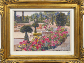 Vente aux enchères A. ROUBTZOFF. "Vue de parc à Bourges". Huile sur toile marouflée sur p