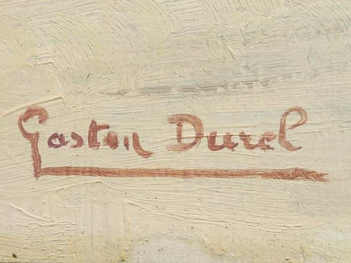 G. DUREL. "Scène animée devant la Médina". Huile sur panneau, signée e