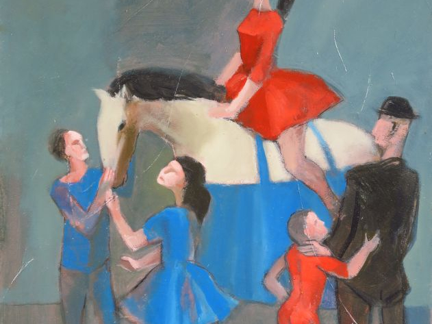 BLANCHET. "Scène de cirque". Huile sur panneau, signée en bas à gauche