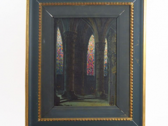 Vente aux enchères G. DELPAND. "Intérieur d'église". Huile sur toile, signée en bas à gau