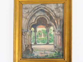Vente aux enchères J. DEGEILH. "Le cloitre St Bertrand de Comminges". Huile sur panneau, 