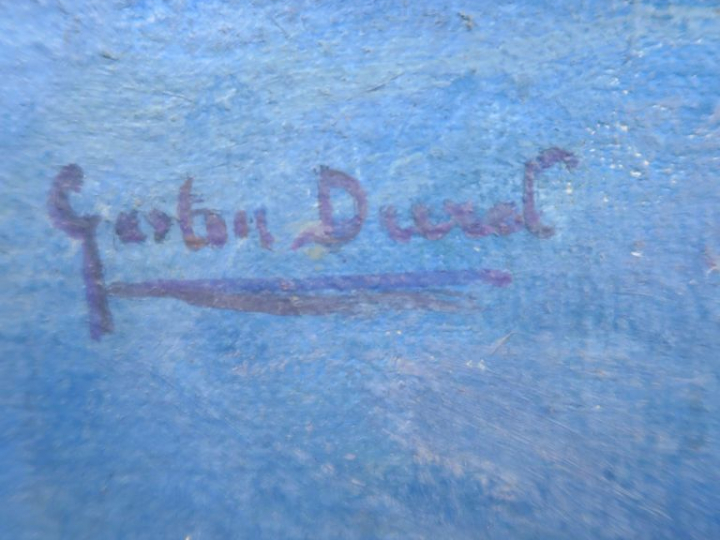 G. DUREL. "Nature morte au pichet et aux fleurs". Huile sur toile, sig