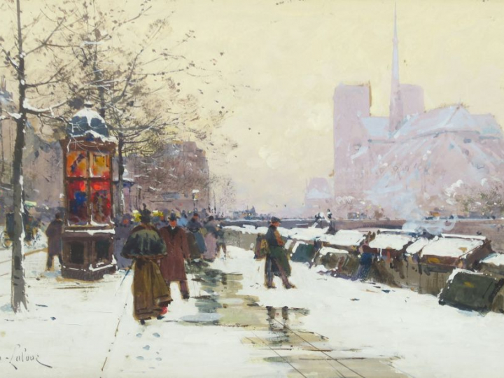 E. GALIEN-LALOUE. 'Notre Dame de Paris et les quais sous la neige'. Go
