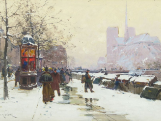 Vente aux enchères E. GALIEN-LALOUE. 'Notre Dame de Paris et les quais sous la neige'. Go