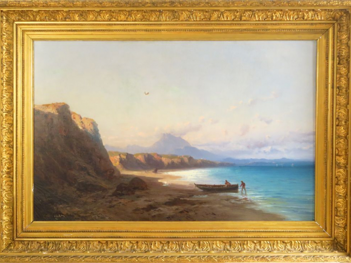 GODCHAUX. "Bord de mer animée". Huile sur toile, signée en bas à gauch