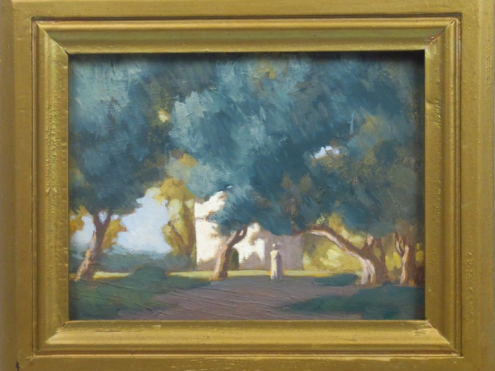 R.C. QUESNEL. "Personnage cheminant dans un parc".  Huile sur panneau,