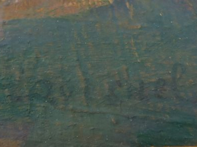 R.C. QUESNEL. "Personnage cheminant dans un parc".  Huile sur panneau,