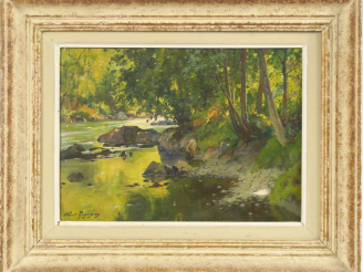 Vente aux enchères A. REGAGNON. "Paysage lacustre". Huile sur toile, signée en bas à gauc