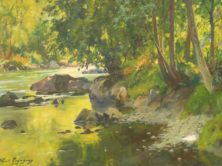 A. REGAGNON. "Paysage lacustre". Huile sur toile, signée en bas à gauc