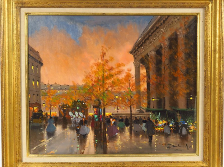 H. SCHAEFFER. "La place de la Madeleine animée". Huile sur toile, sign