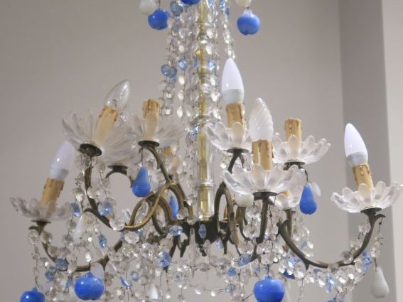 Lustre à pampilles en verre, oplaine bicolore et bronze éclairant à 12