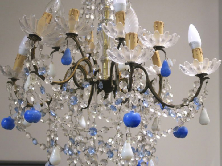 Lustre à pampilles en verre, oplaine bicolore et bronze éclairant à 12