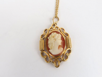 Vente aux enchères Camée figurant un profil de jeune femme. Monture et chaine en or jaune