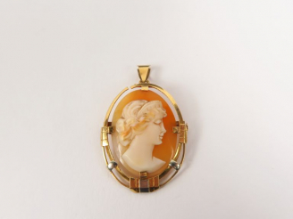 Vente aux enchères Camée coquille 1900 figurant un profil de jeune femme.  Monture en or 