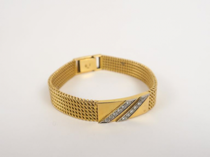 Bracelet souple en or jaune et deux lignes de brillants. Poids. 30 g