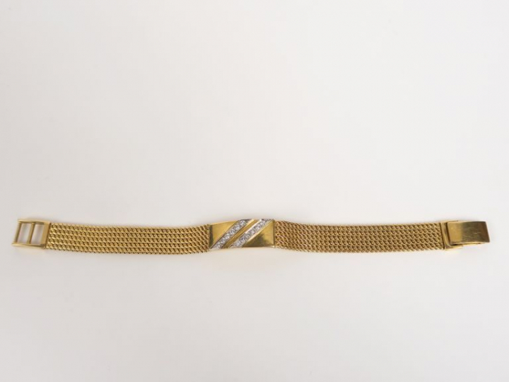 Bracelet souple en or jaune et deux lignes de brillants. Poids. 30 g