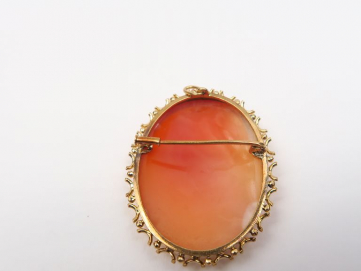 Broche ornée d'un camée à décor de profil de jeune fille. Monture en o