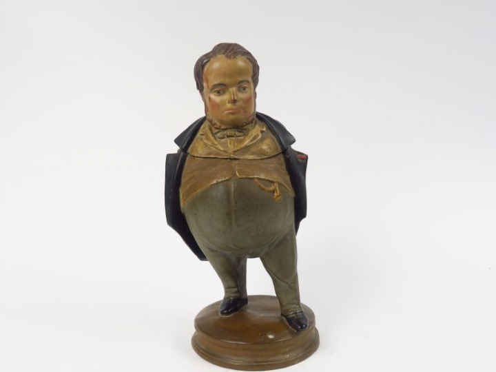 Pot à tabac XIXème en terre cuite patinée et polychrome figurant un ho