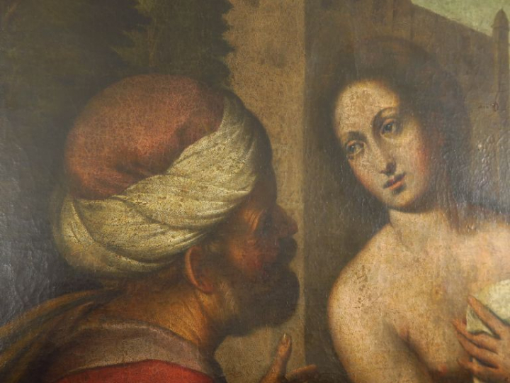 Ecole italienne XVIIème  "Suzanne et les Vieillards" Huile sur toile. 