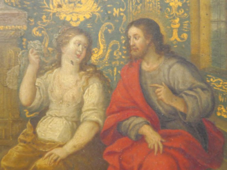 Vente aux enchères Ecole XVIIème  "Jésus, Marthe et Marie" Huile sur cuivre.  16 x 23 cm